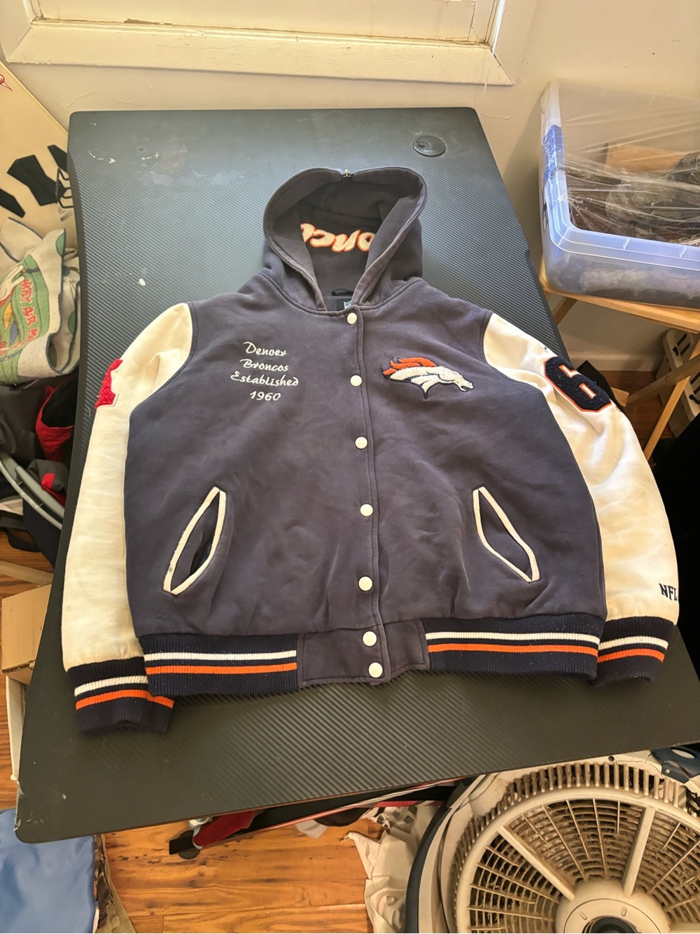 Denver Broncos Womens Xl Hooded Varsity Jacket Navy & White MEASUREMENTS SHOWN